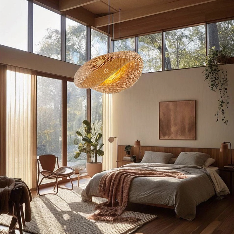 Hängelampe aus Bambus – Geflochten – LED – Warmes Licht – Wohnzimmer
