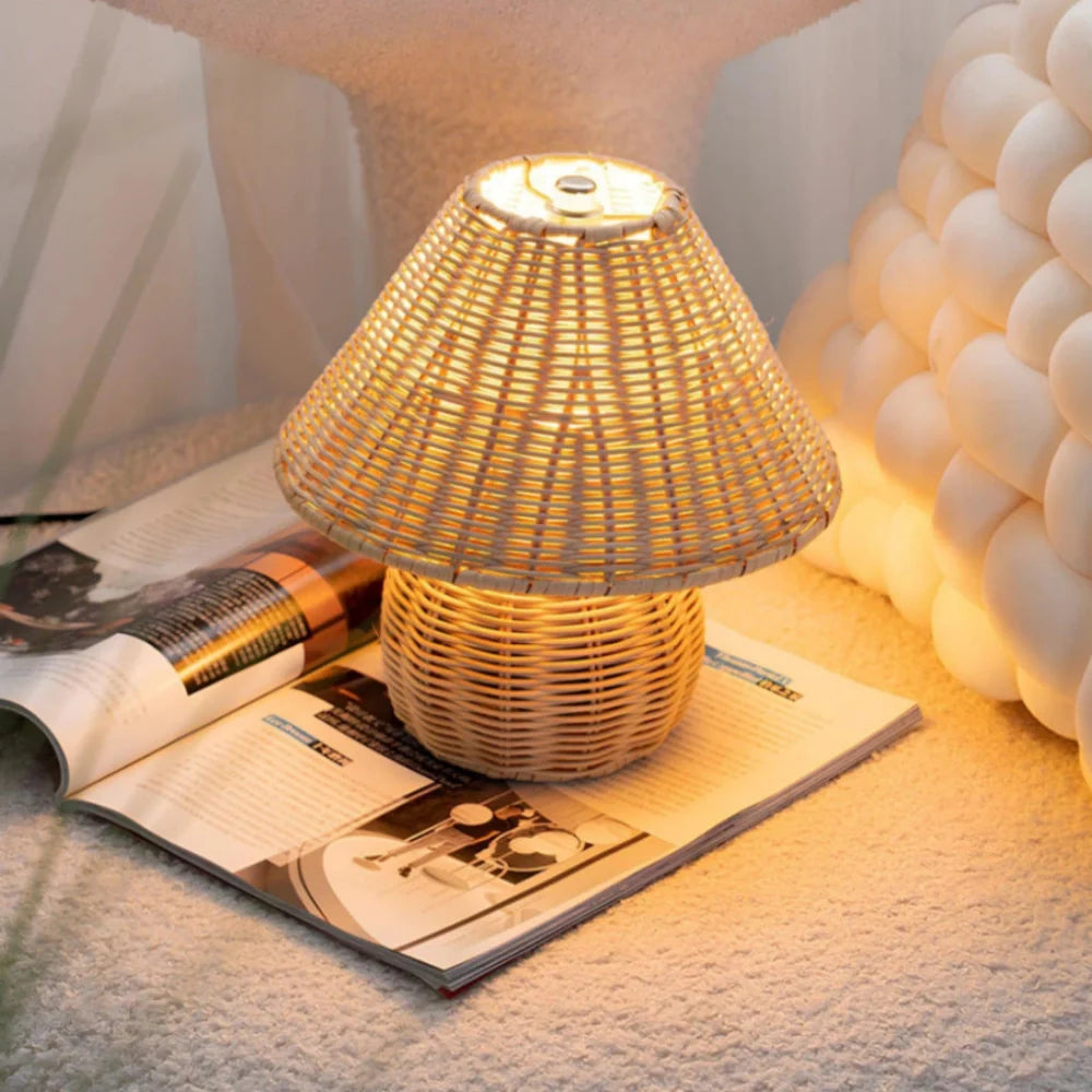 LumiFlecht Tischlampe Boho Stil Rattanoptik Warmlicht für Wohnzimmer