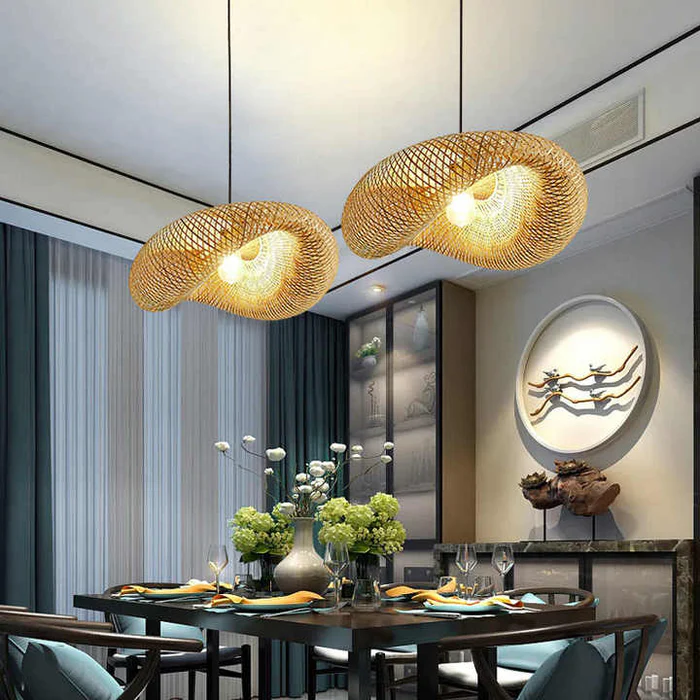 Hängelampe aus Bambus – Geflochten – LED – Warmes Licht – Wohnzimmer