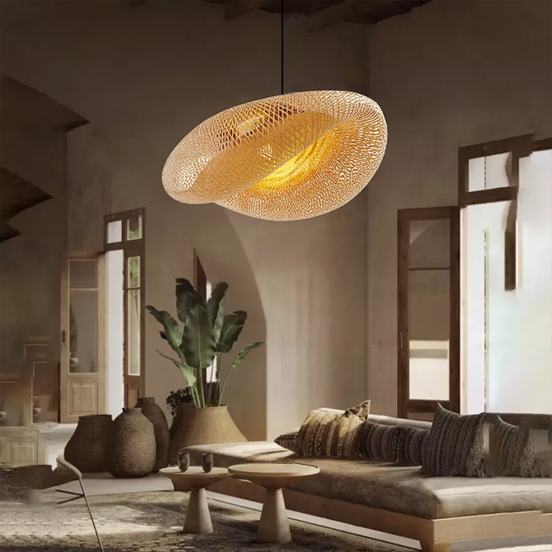 Hängelampe aus Bambus – Geflochten – LED – Warmes Licht – Wohnzimmer