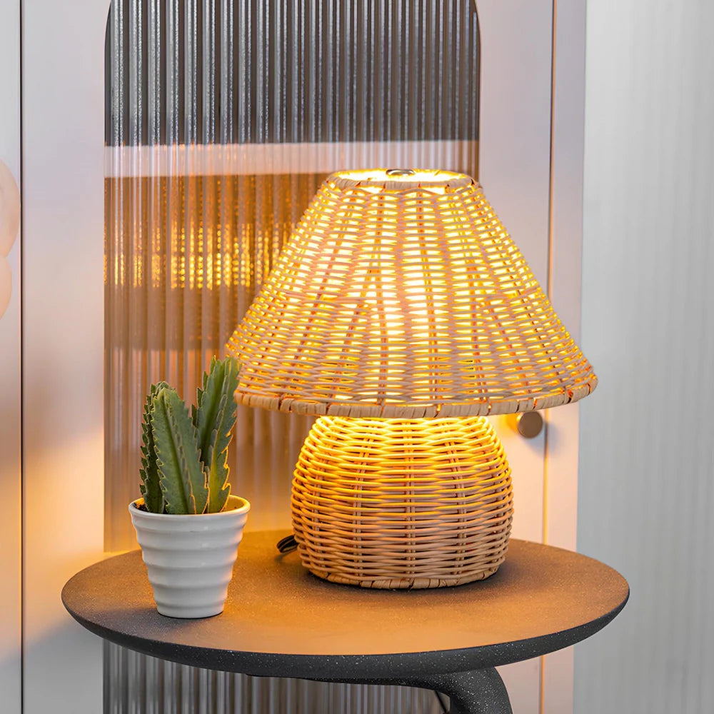 LumiFlecht Tischlampe Boho Stil Rattanoptik Warmlicht für Wohnzimmer