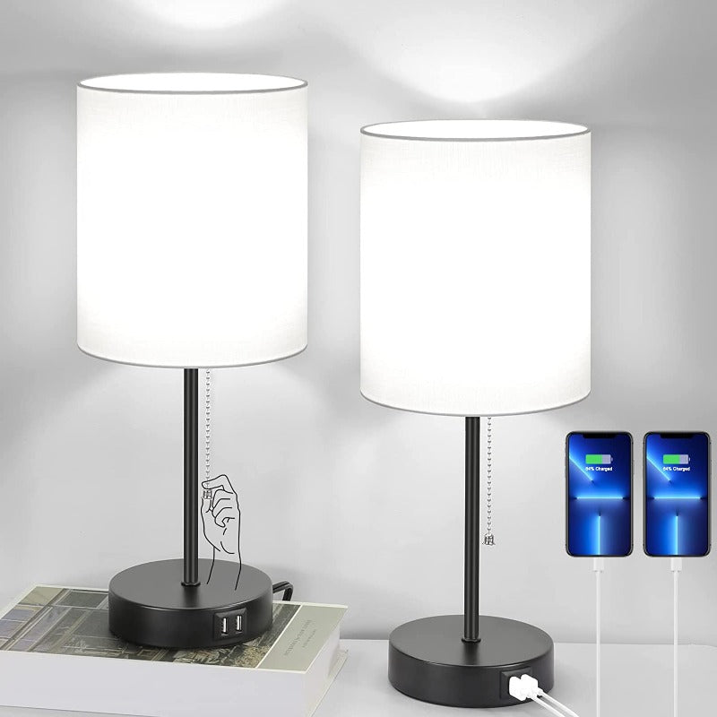 LinenLuxe - Se+t aus 2 modernen Tischlampen mit USB & Steckdose
