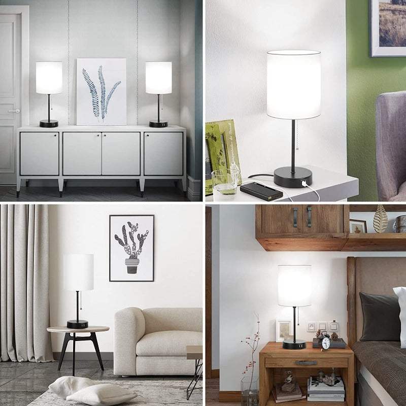 LinenLuxe - Se+t aus 2 modernen Tischlampen mit USB & Steckdose