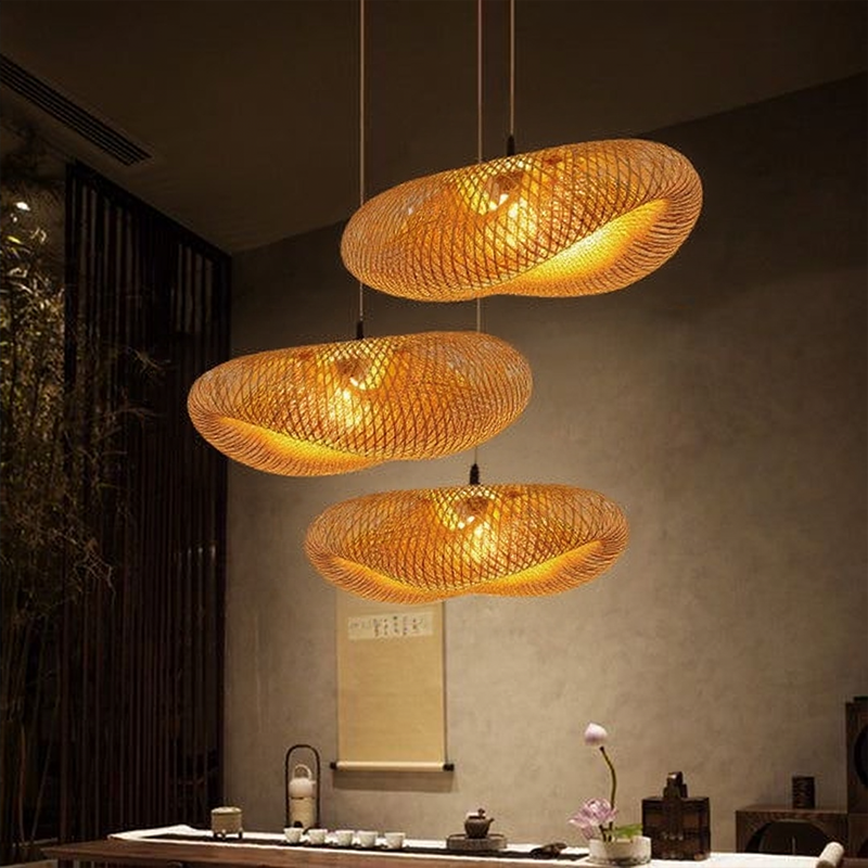 Hängelampe aus Bambus – Geflochten – LED – Warmes Licht – Wohnzimmer