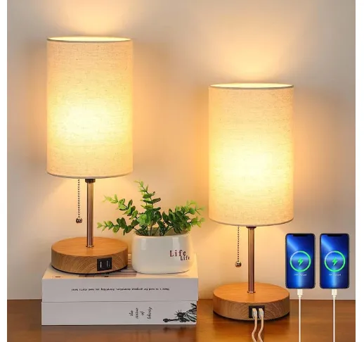 LinenLuxe - Se+t aus 2 modernen Tischlampen mit USB & Steckdose