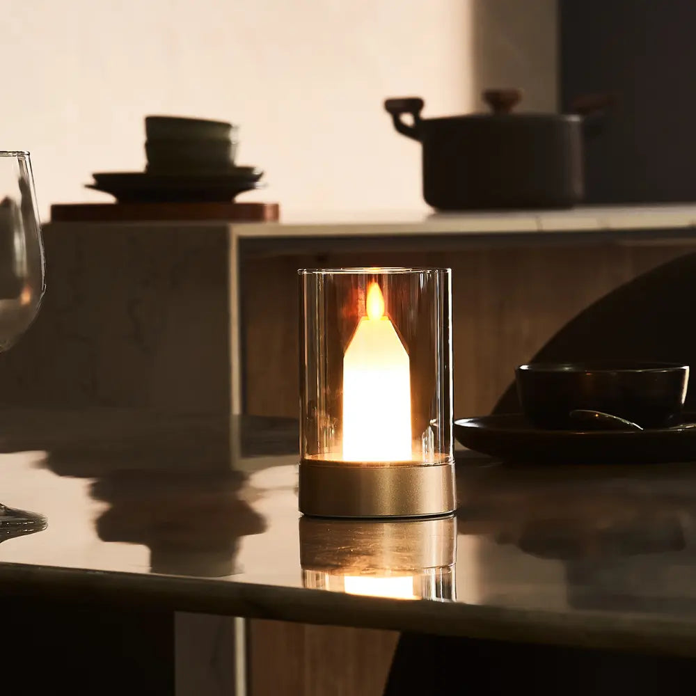 AmberLuma Kerzenlampe Retro Look LED flackernd gold Terrasse