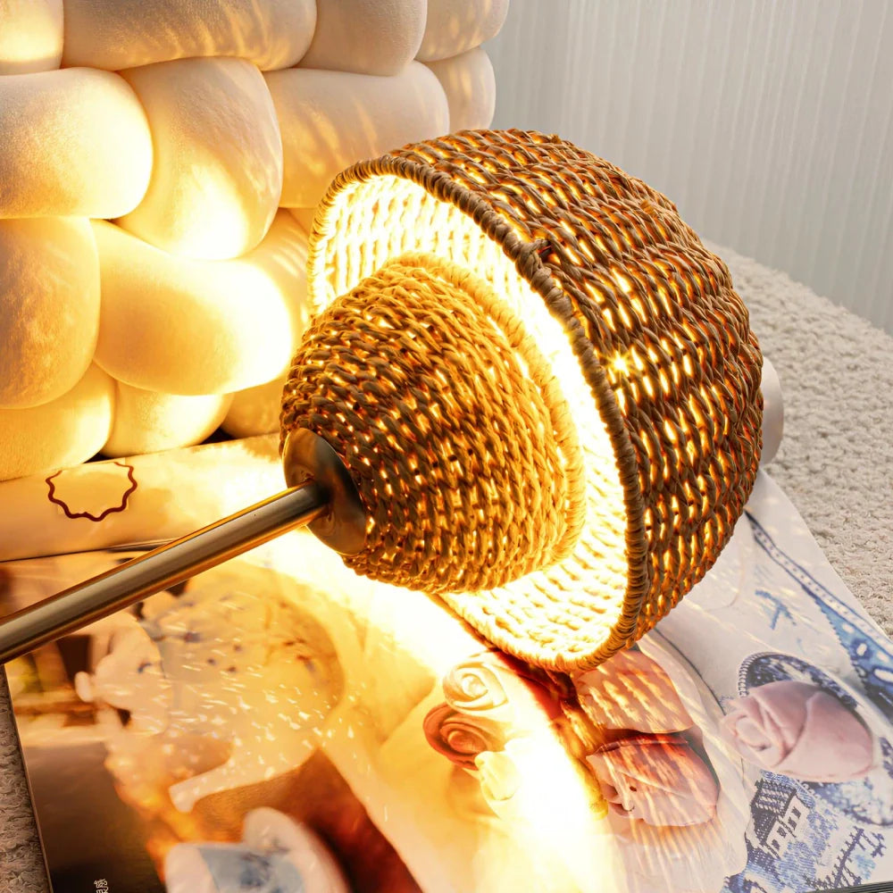 LumiFlecht Tischlampe Boho Stil Rattanoptik Warmlicht für Wohnzimmer