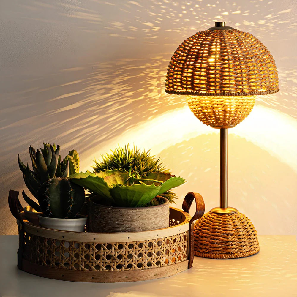 LumiFlecht Tischlampe Boho Stil Rattanoptik Warmlicht für Wohnzimmer