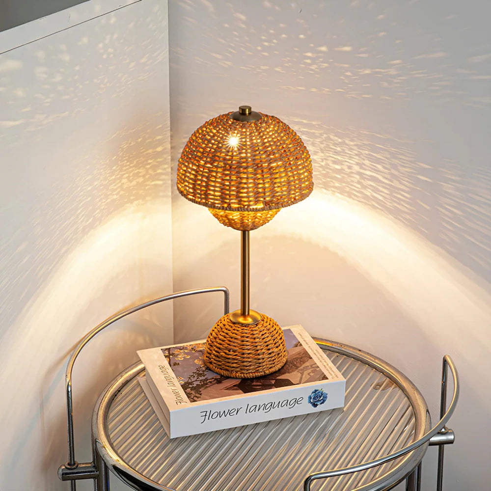 LumiFlecht Tischlampe Boho Stil Rattanoptik Warmlicht für Wohnzimmer