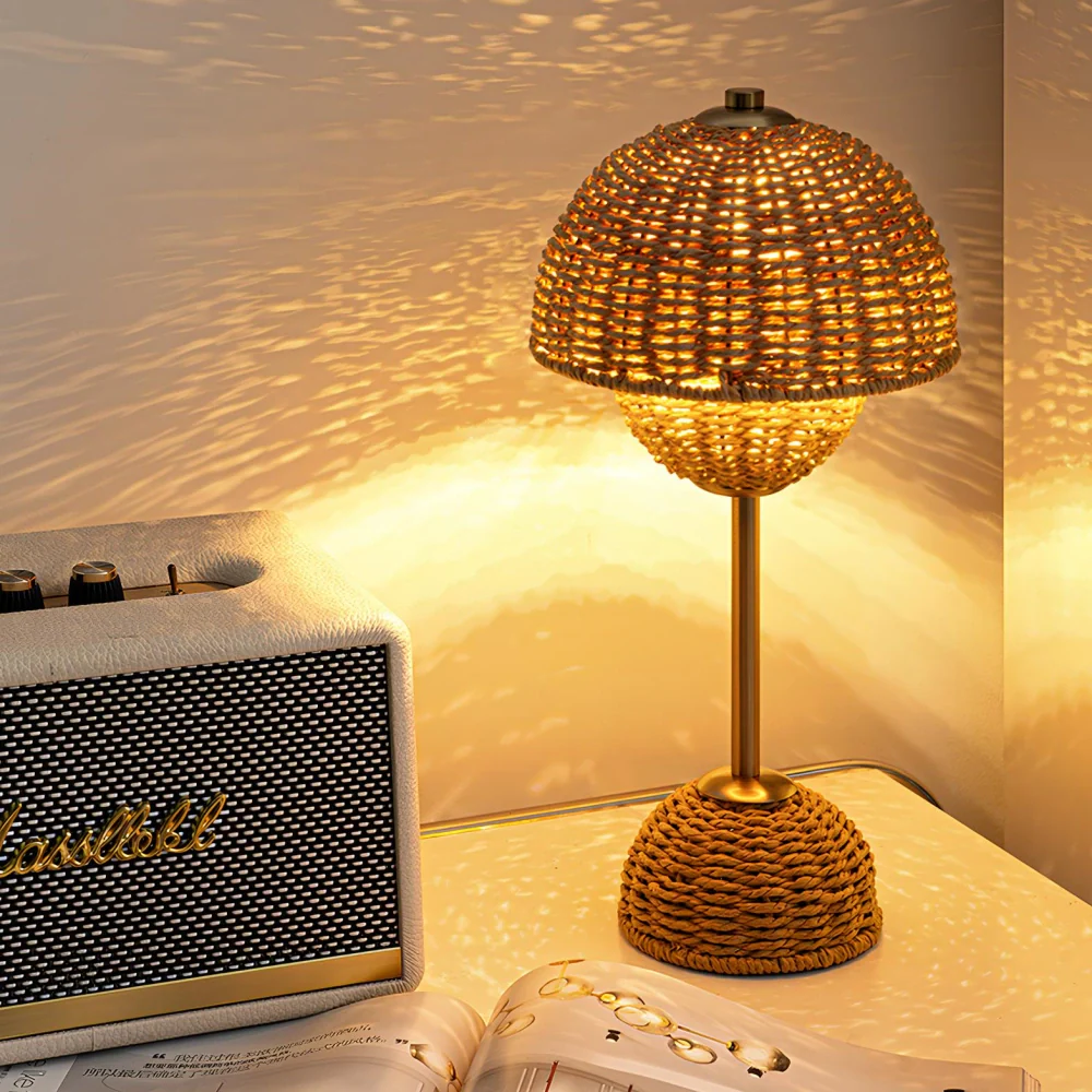 LumiFlecht Tischlampe Boho Stil Rattanoptik Warmlicht für Wohnzimmer