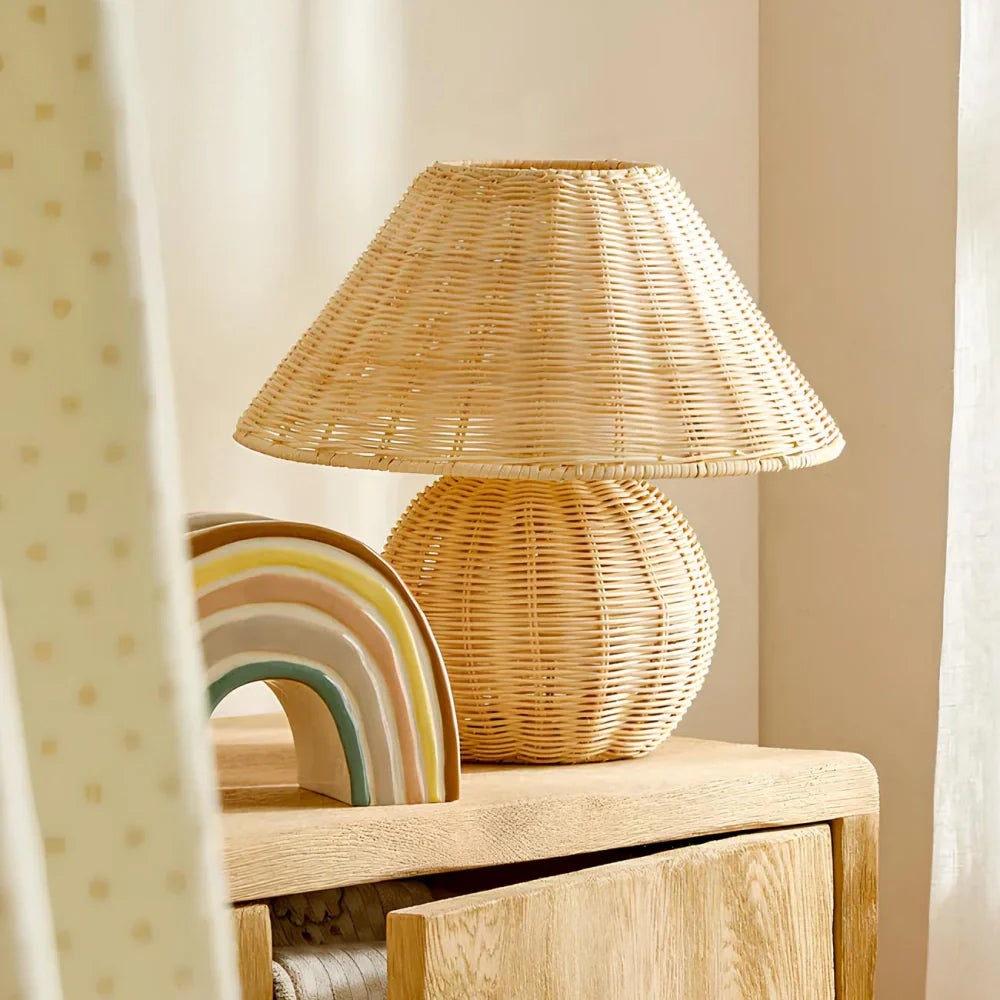 LumiFlecht Tischlampe Boho Stil Rattanoptik Warmlicht für Wohnzimmer